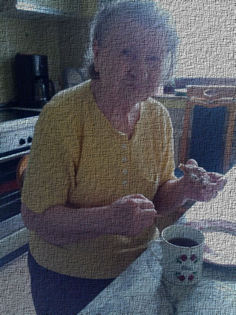 Eine alte
                      Dame.Bildmit GIMP verfremdet in Leinwand.
                      Originalaufnahme von Juli 2014. Von ArnoldH.
                      Bensch aufgenommen.